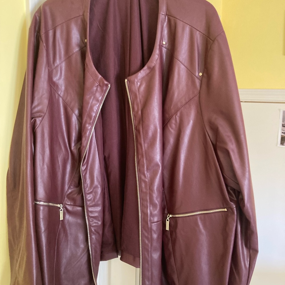 Catherines Burgundy Faux Leather Jacket Relaxed Fit Zippered Front